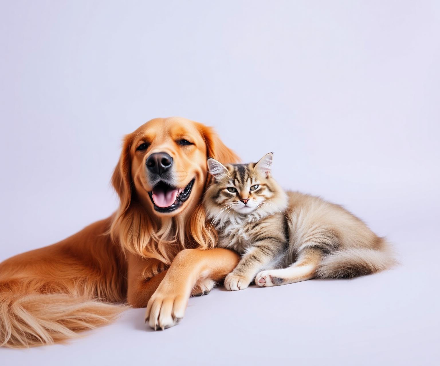 A happy golden retriever and a fluffy cat resting together